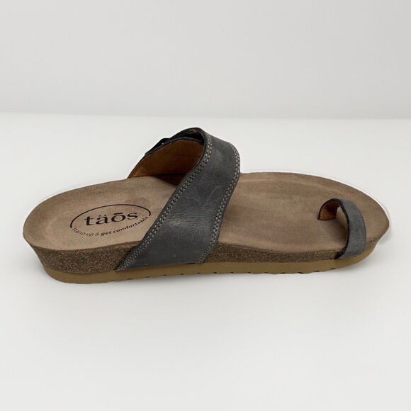 Taos Sandals Womens 7.5 Gray Leather Slip On Toe-Loop Comfort adjustable buckle - Picture 1 of 12